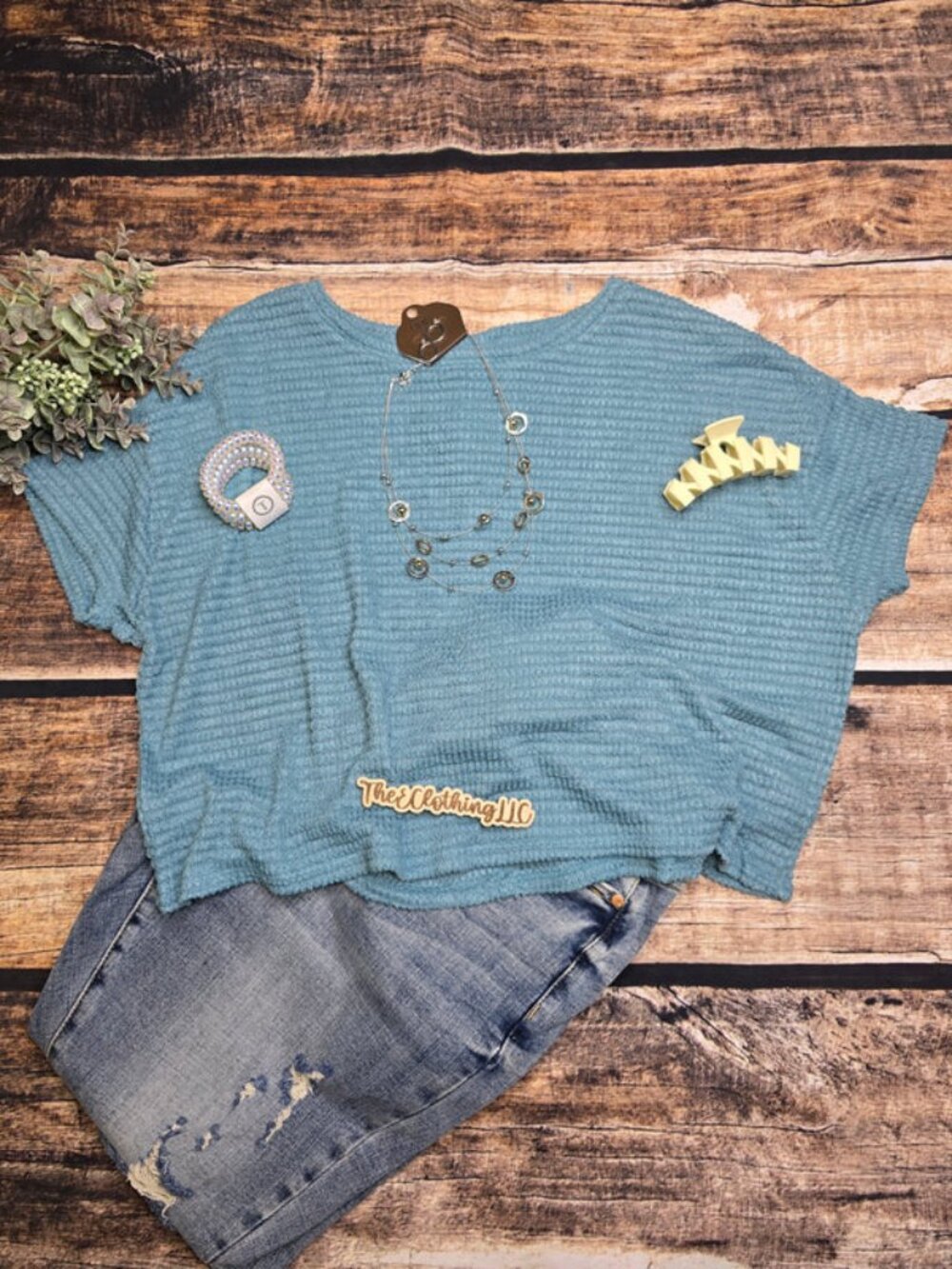 Drop Shoulder Jacquard Sweater - Dusty Teal